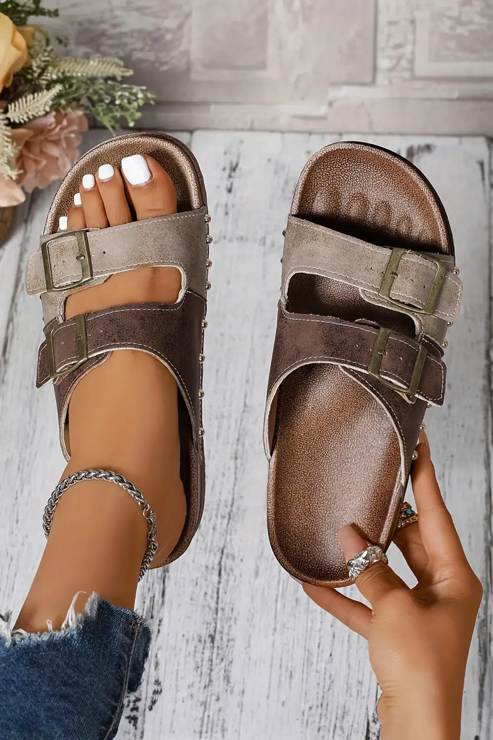 Leopard Buckle Strap Suede Sandals