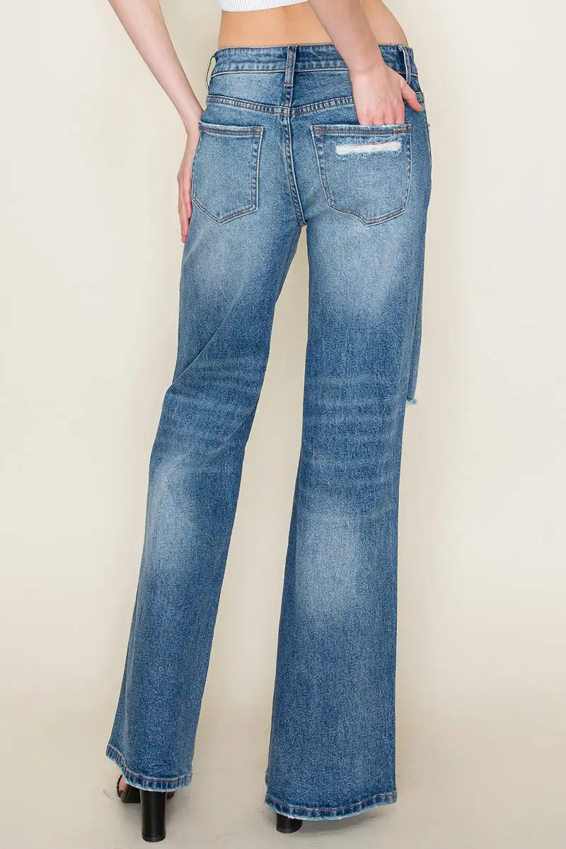Women's Mid Rise Distressed Knee Distressed Wide Leg Stretch Denim Jeans