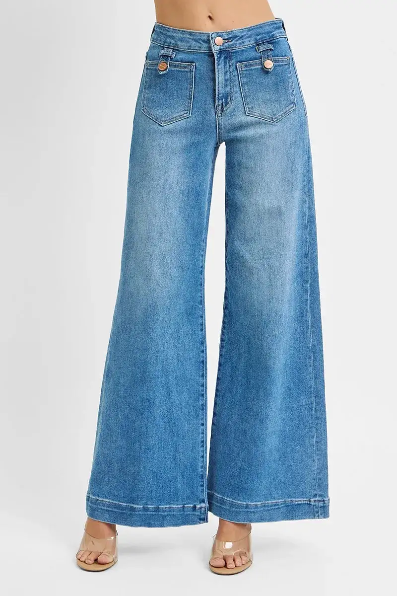 Mid Rise Patch Pocket Wide Leg Jeans