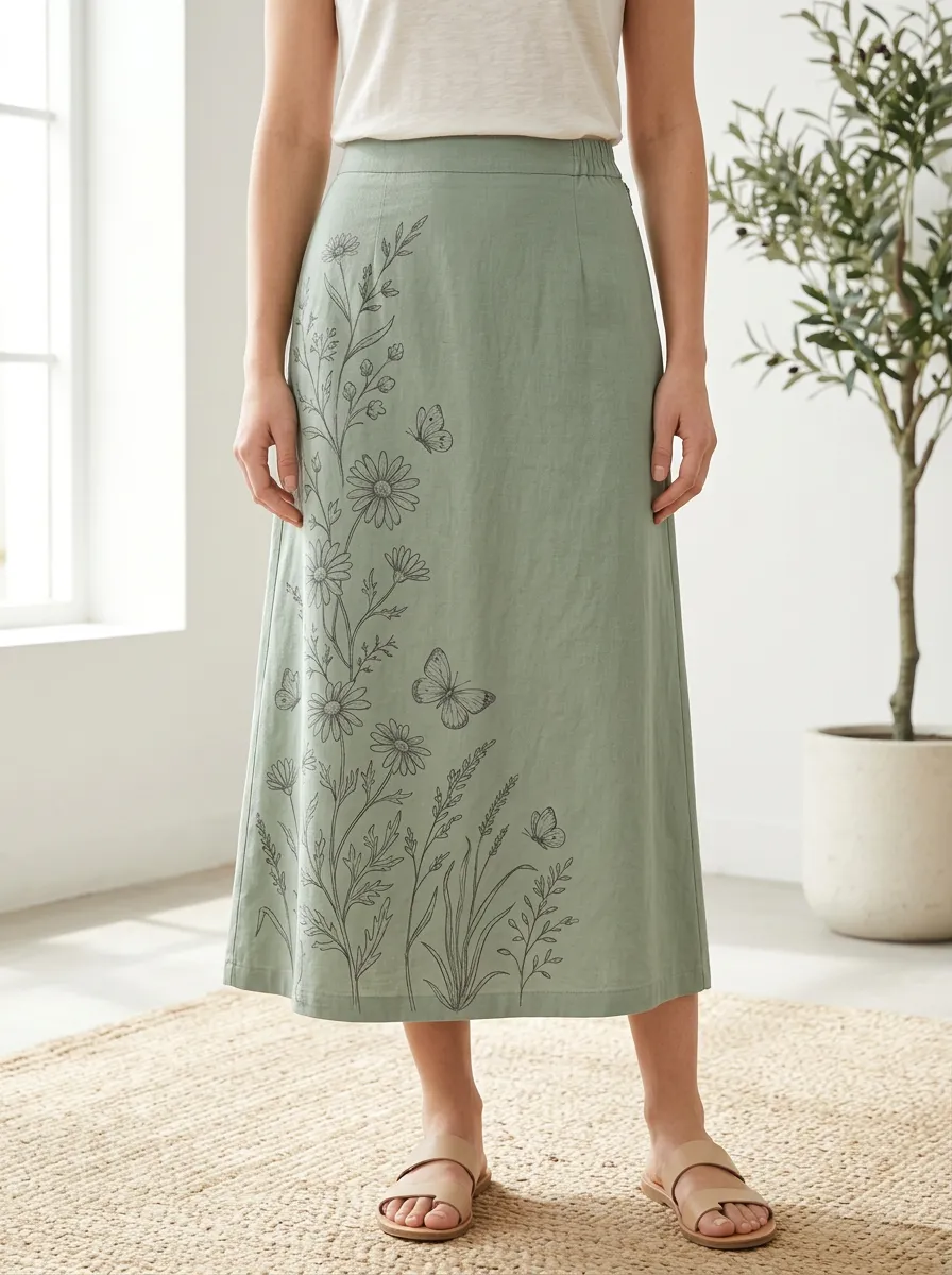 Women's Nature Lover Butterfly Daisy Floral Printed Midi Skirt
