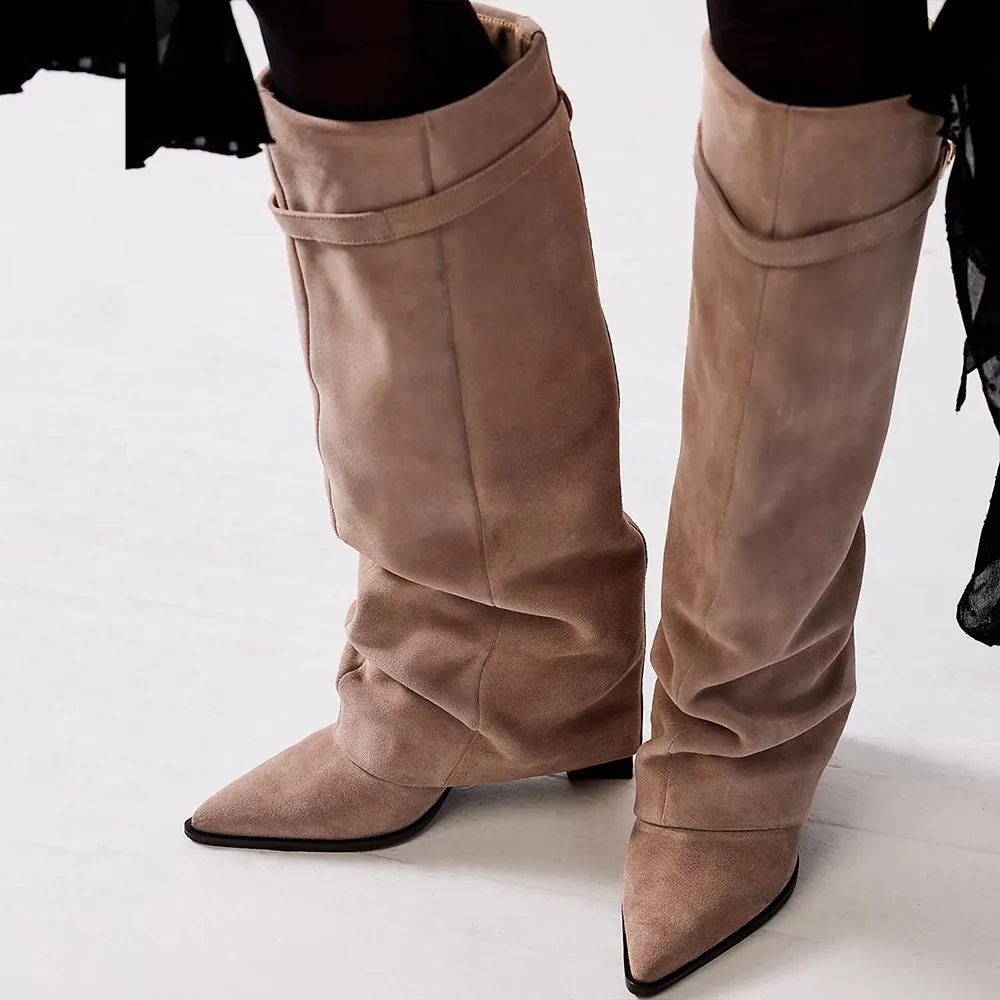 Faux-Suede Buckle-Detail Pointed-Toe Chunky-Heel Knee-High Boots