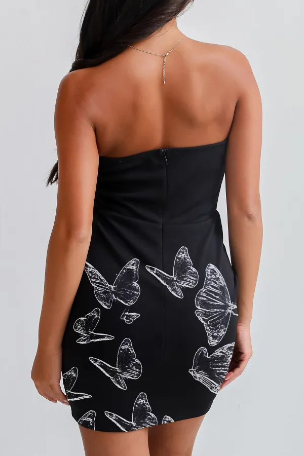 Under Stadium Lights Strapless Bow Mini Dress
