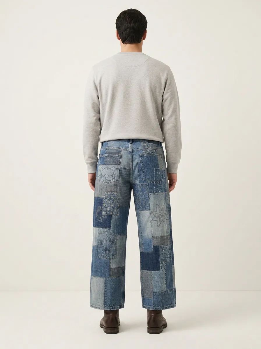 Men's Patchwork Embroidered Star Wide Leg Jeans
