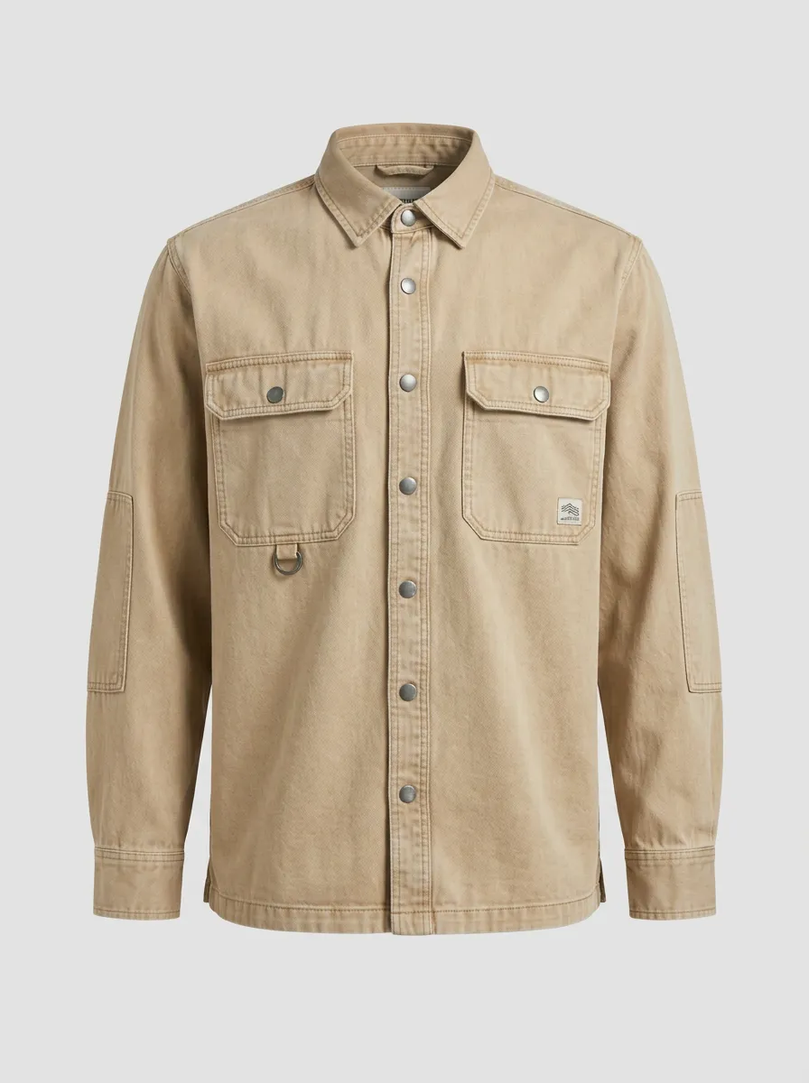 Men's Khaki Utility Cargo Pocket Button-Down Shirt