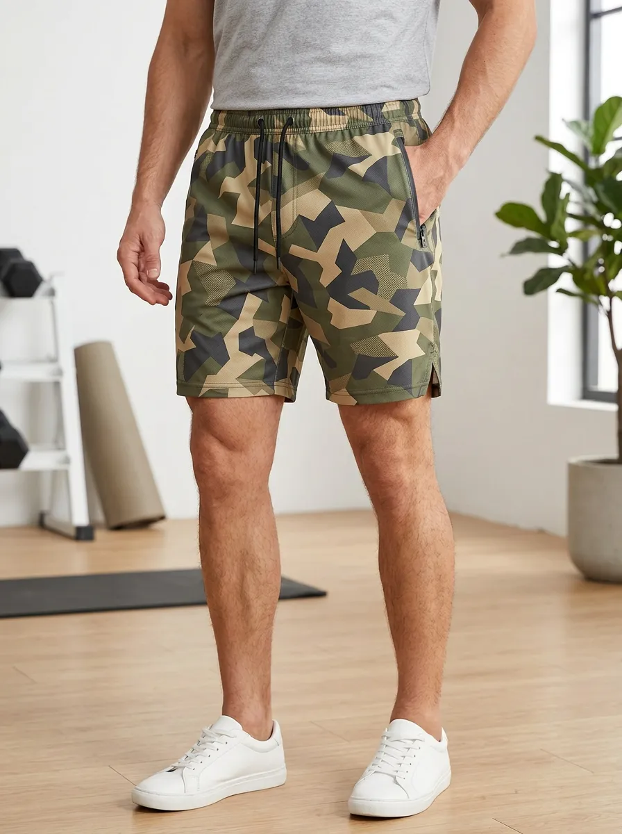 Men's Camo Print Drawstring Athletic Shorts
