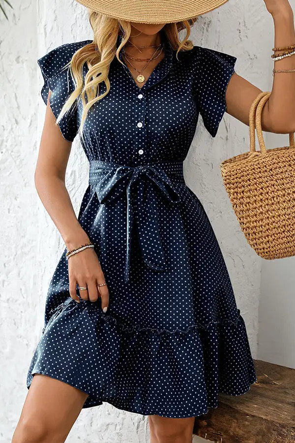High Waist Dots Print Tie Waist Casual Dress