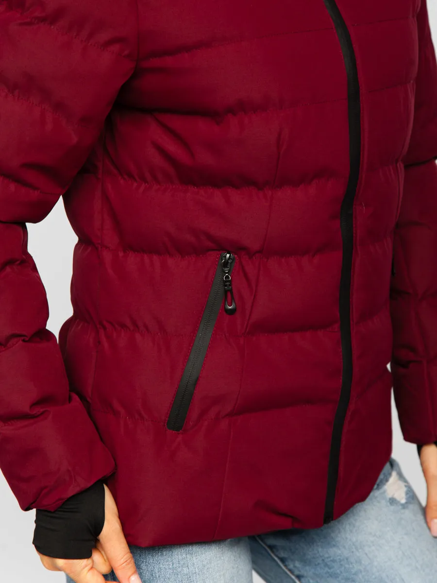 Wine Women's Quilted Winter Jacket With Hood