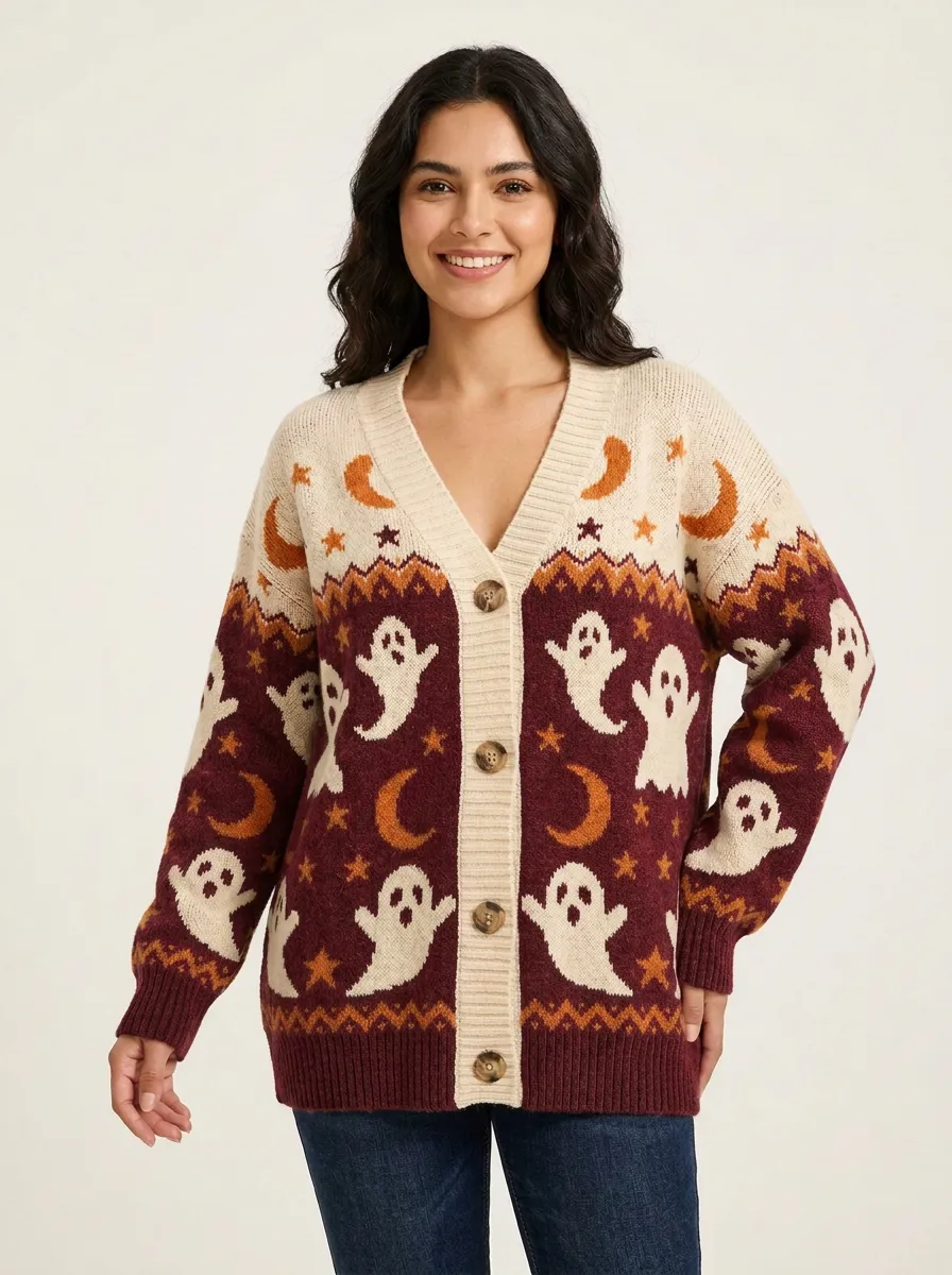 Women's Halloween Ghost Moon Star Pattern Knit Cardigan