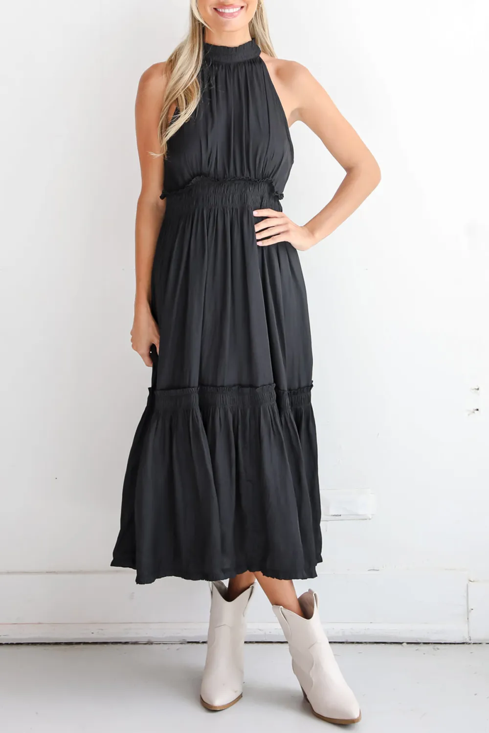 Black Satin Midi Dress