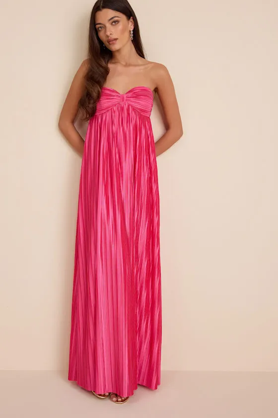 Whimsical Beauty Hot Pink Satin Plisse Strapless Maxi Dress