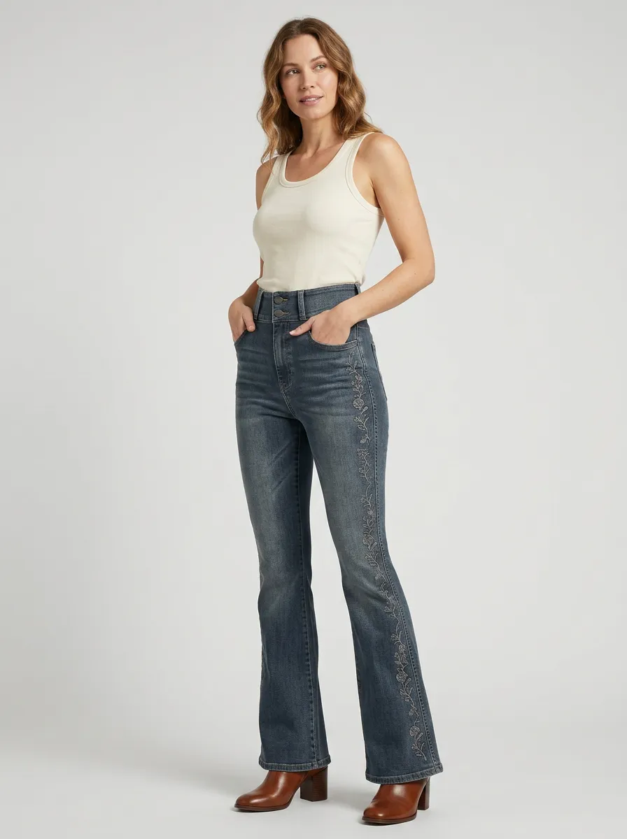 Women's Desert Inspired Floral Embroidery Floral Embroidered High-Rise Flare Jeans