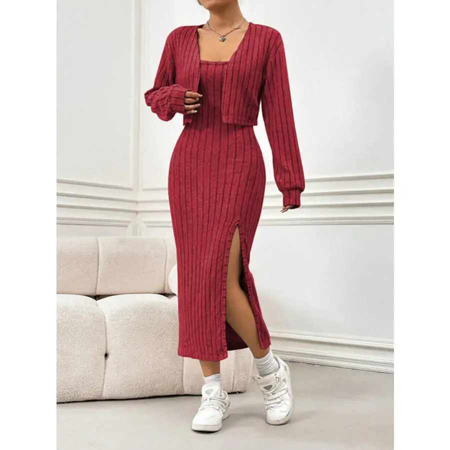 Ribbed Long Sleeve Cropped Cardigan and Slit Cami Dress Set