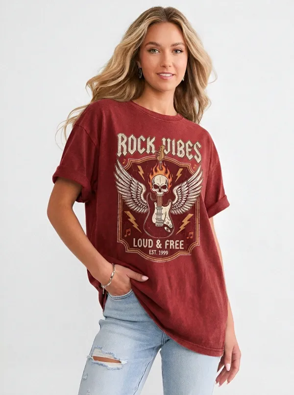 Women's Rock Music Lover Skull Guitar Wings Printed T-shirt