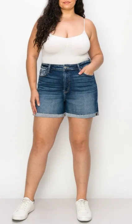 High Rise Cuffed Stretch Denim Shorts