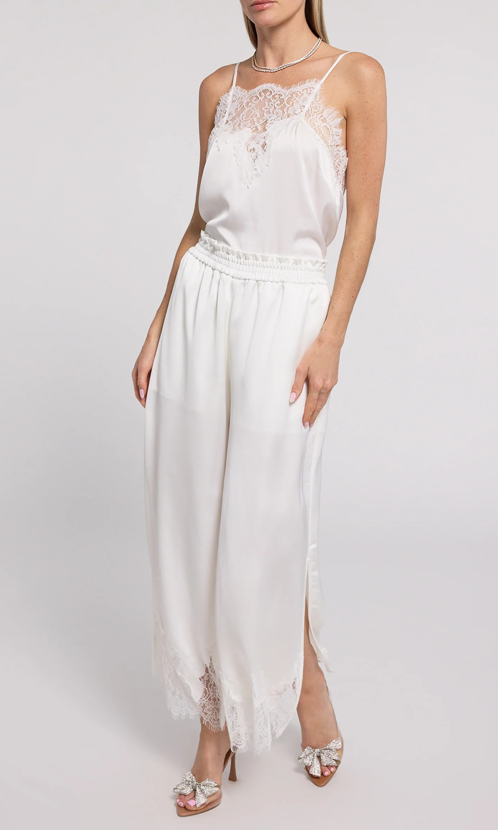 White Lace Panel Satin Pants