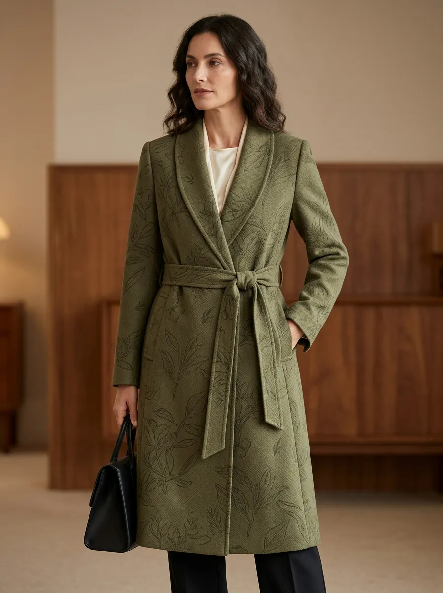 Women's Botanical Leaf Printed Trench Coat