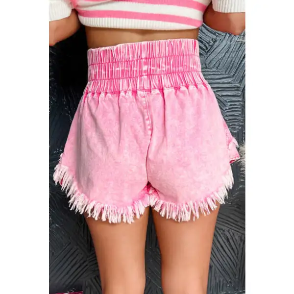 Washed Wide Smocked Waistband Frayed Denim Shorts