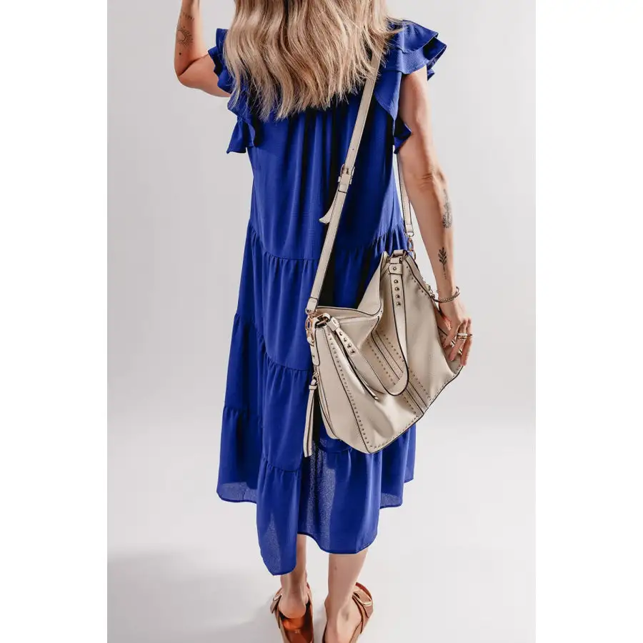 Ruffled Ruffled Short Sleeve Collared V Neck Tiered Midi Dress