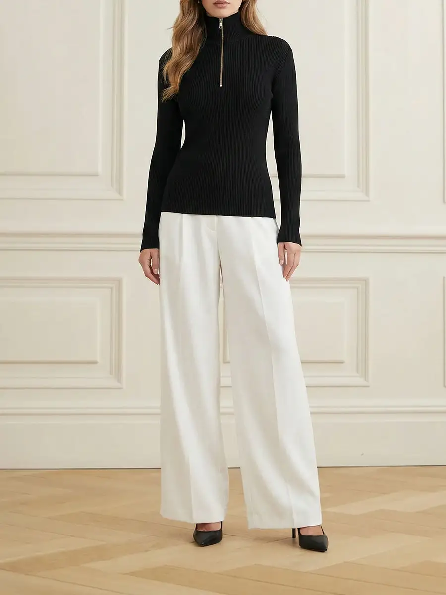Zip Detail High Neck Long Sleeve Slim Fit Pullover Sweater