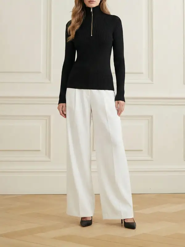 Zip Detail High Neck Long Sleeve Slim Fit Pullover Sweater