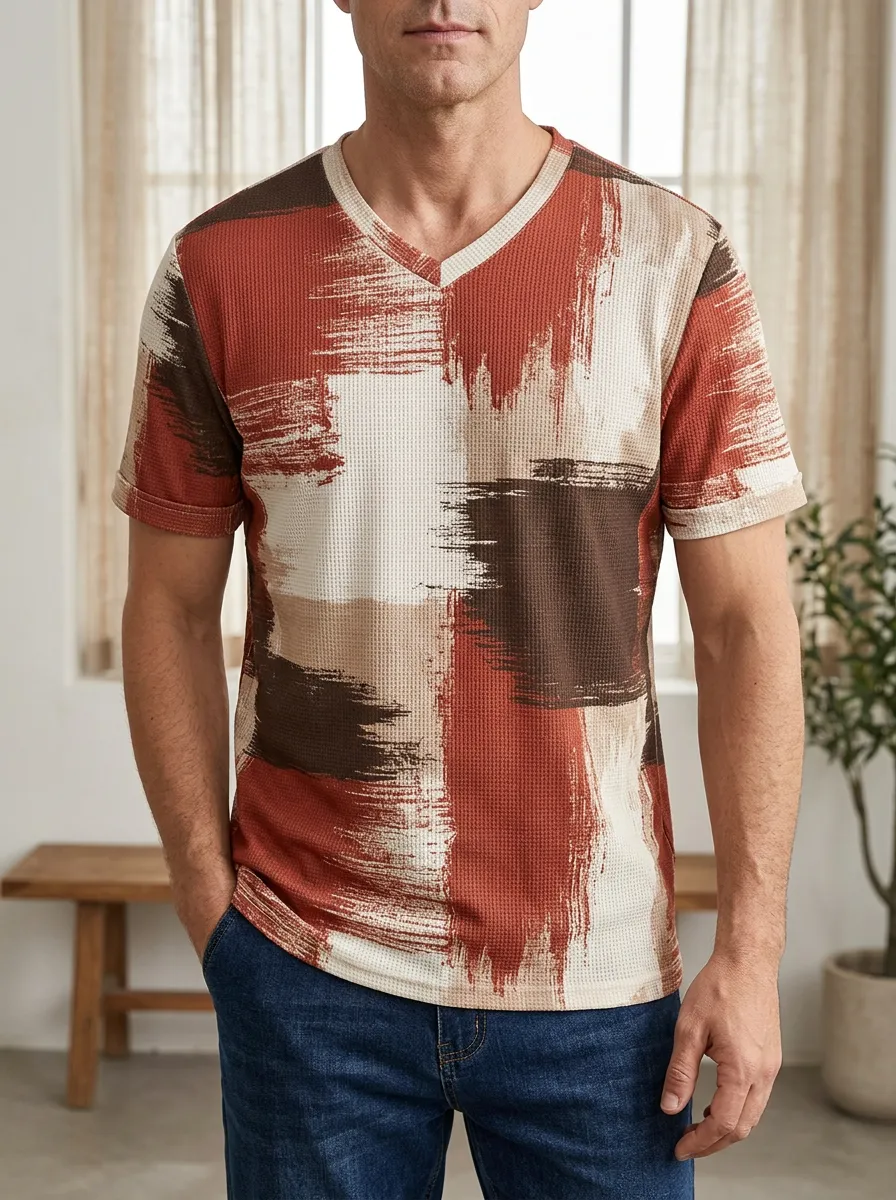 Men's Balanced Abstract Brushstroke Waffle Knit V-Neck T-Shirt
