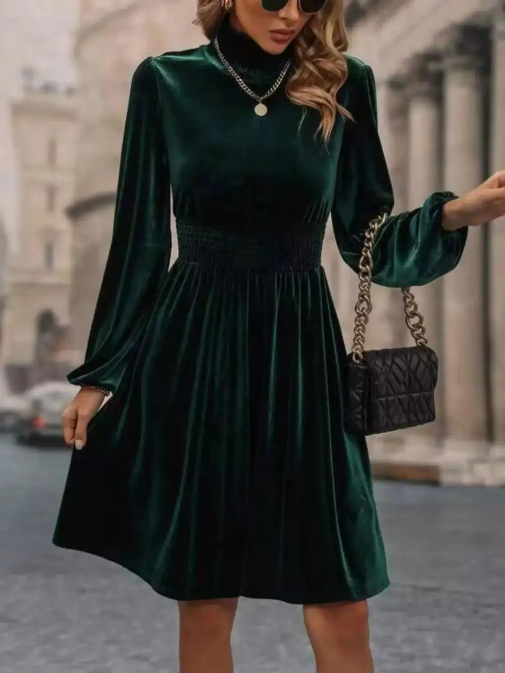 Velvet High Neck Long Sleeve Dress Casual