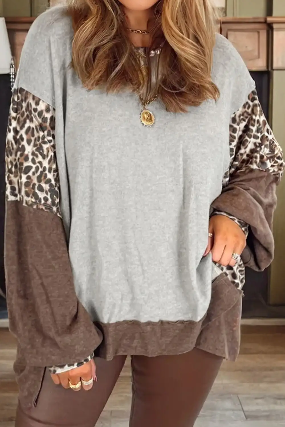 Everyday Relaxed Leopard Print Patchwork Dolman Sleeve Sweatshirt