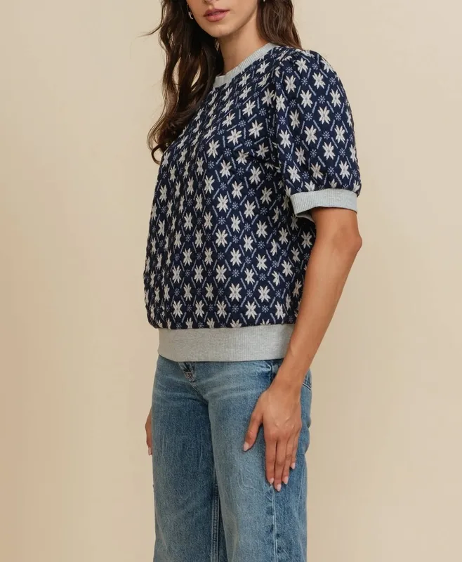 Nordic Star Jacquard Puff Sleeve Knit Top