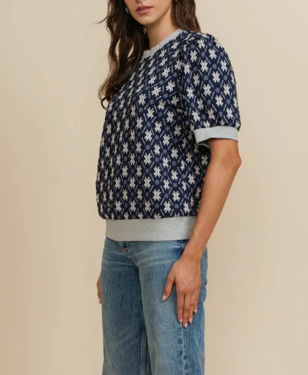 Nordic Star Jacquard Puff Sleeve Knit Top