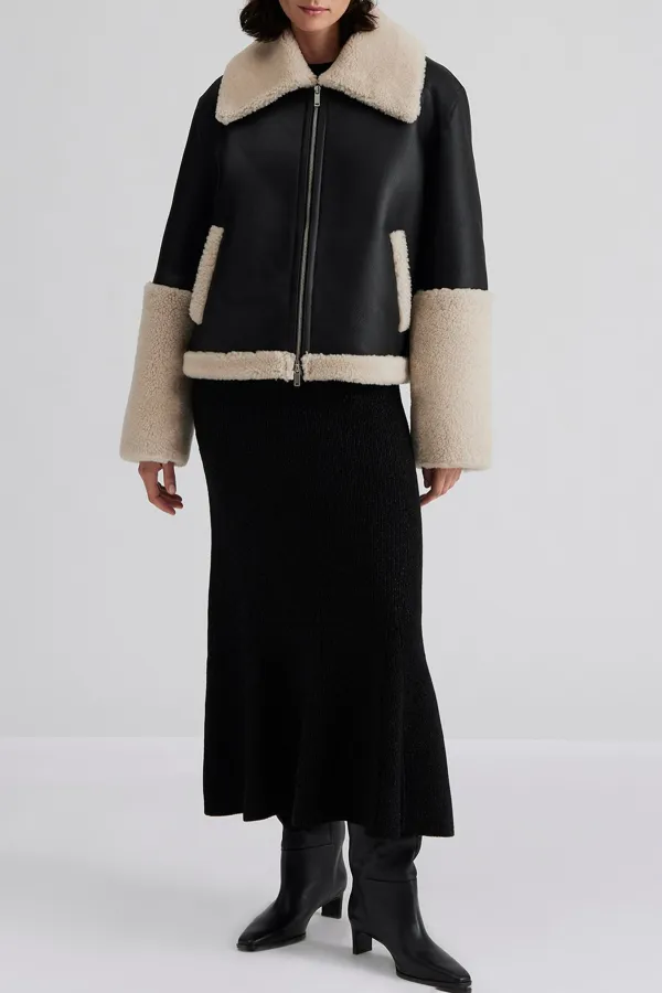 Faux Shearling Collar Leather Jacket