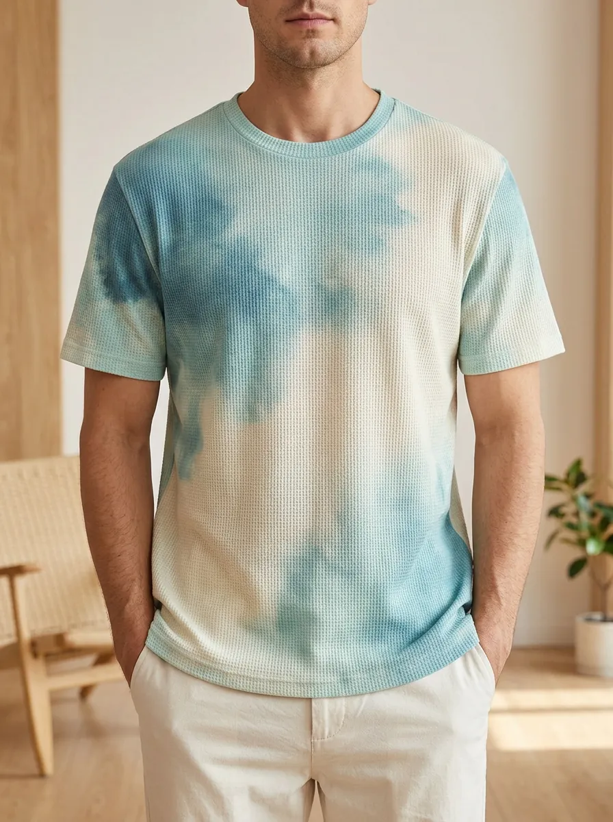 Men's Casual Tie-dye Waffle Knit Artistic Crew Neck T-Shirt