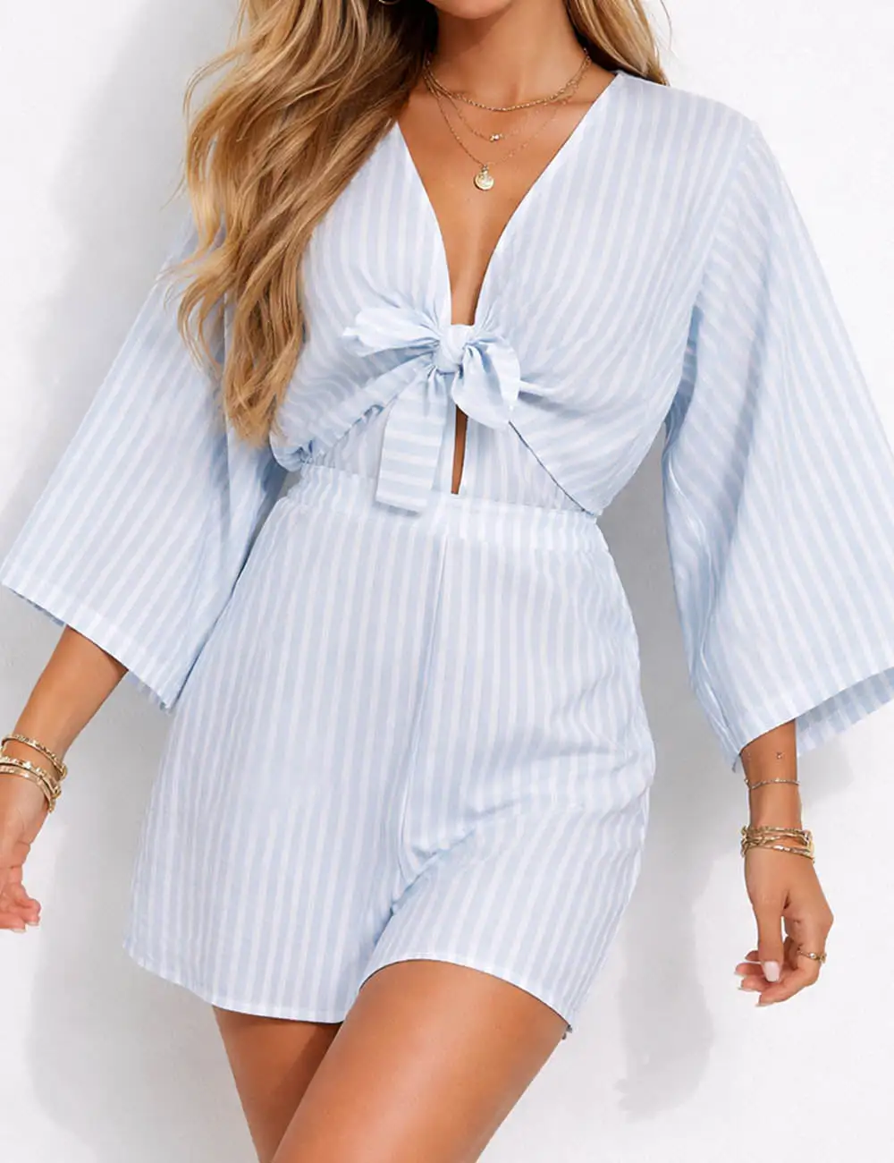 Chic V Neck Knot Kimono Sleeves Romper