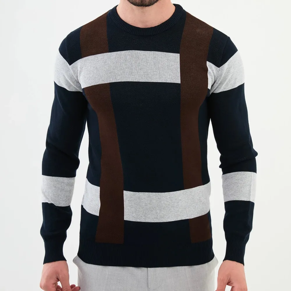 Versatile Patterned Crew Neck Knit Sweater