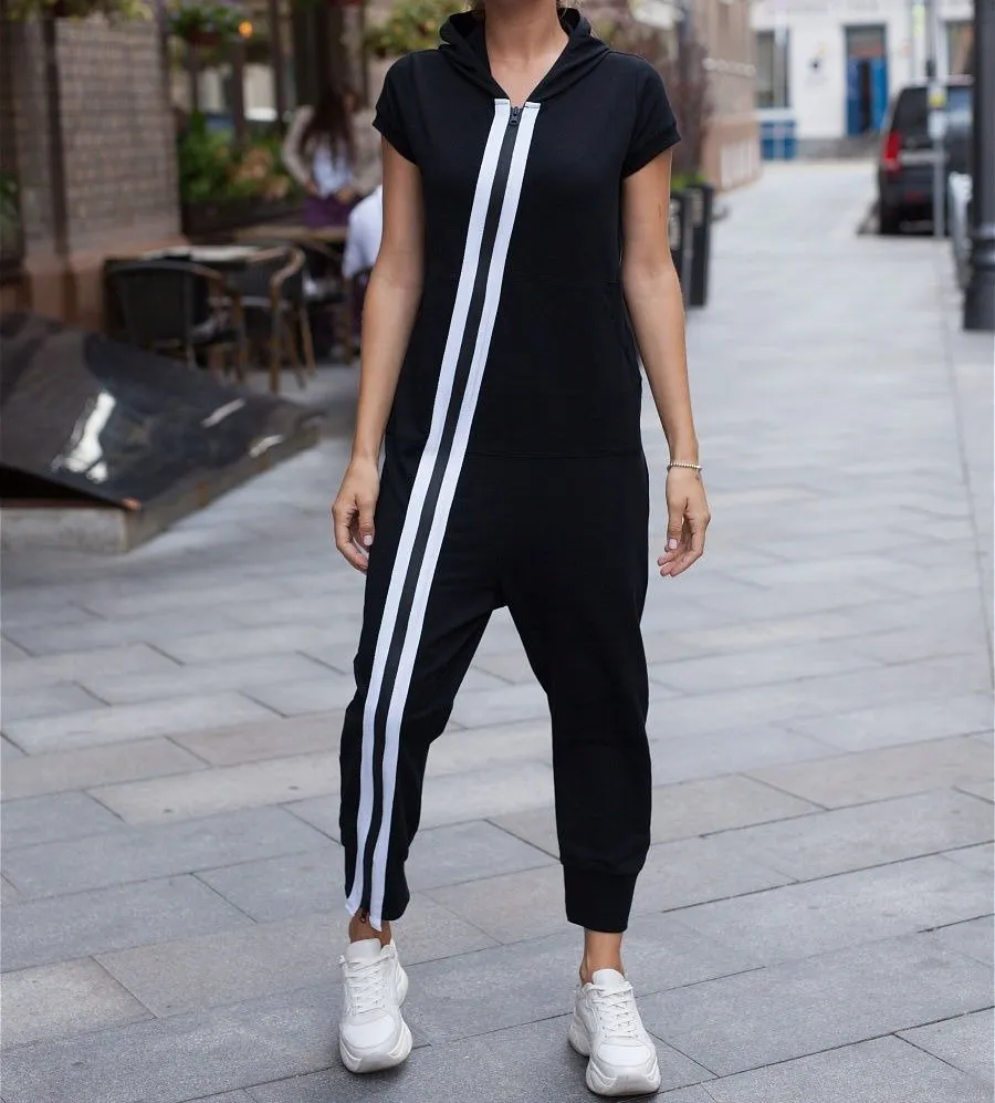 Mode Gestreepte Jumpsuits Met Capuchon En Ritssluiting