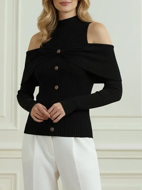 Ribbed Pleated Button Detail Cold Shoulder Long Sleeve Knit Top