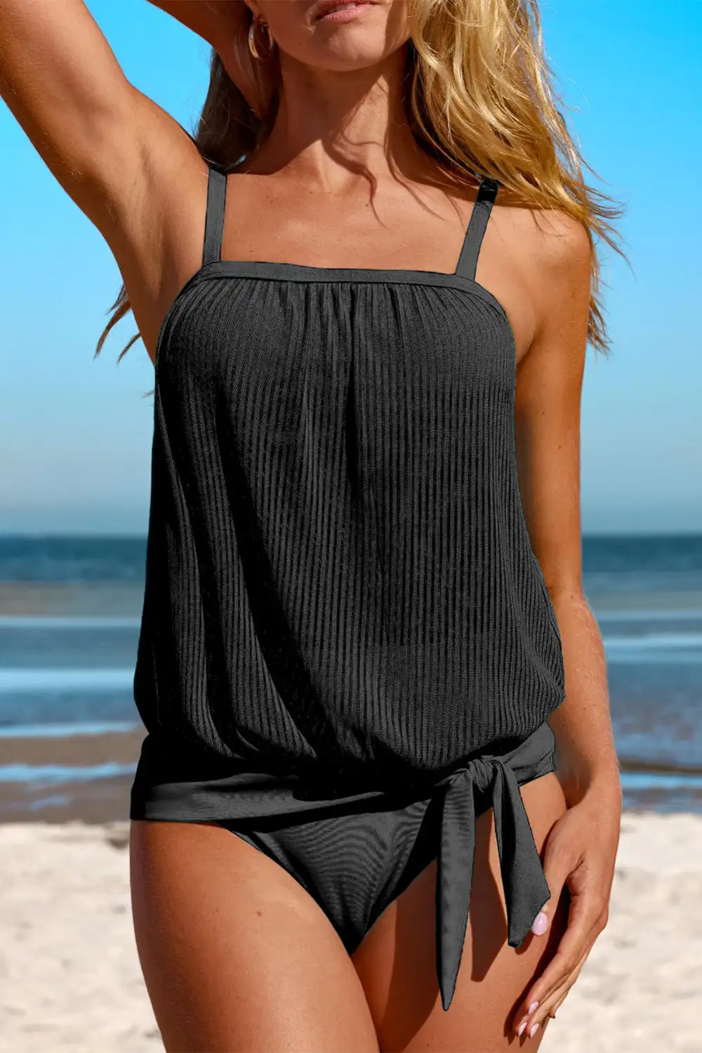 Striped Mesh Knotted Hem Tankini Swim Set