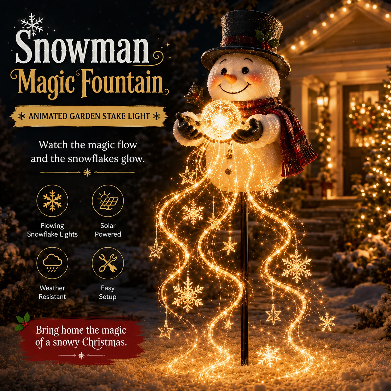 Snowman Magic Fountain solar Christmas garden light with cascading snowflakes and stars