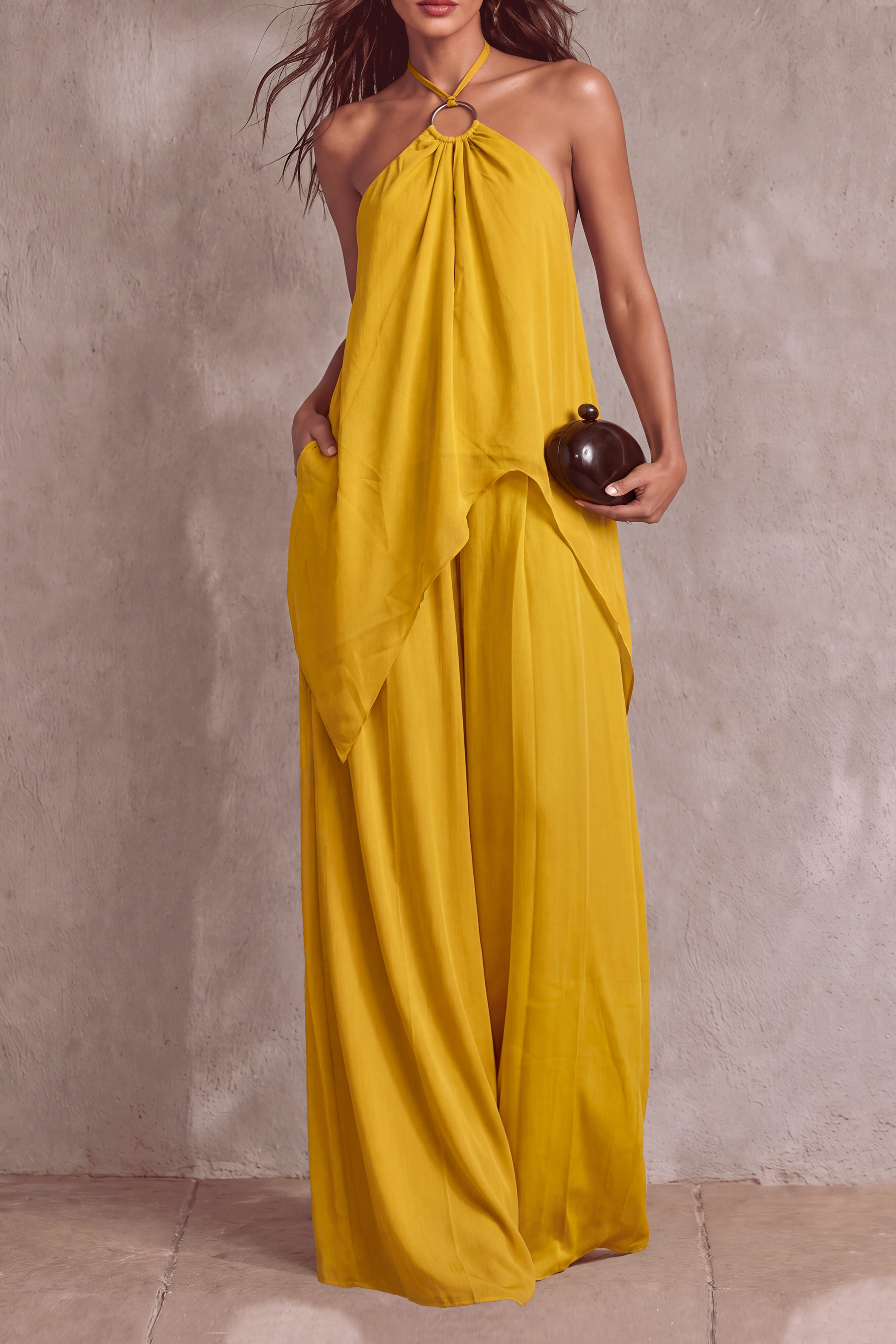 Halter Neck Asymmetrical Matching Pants Set