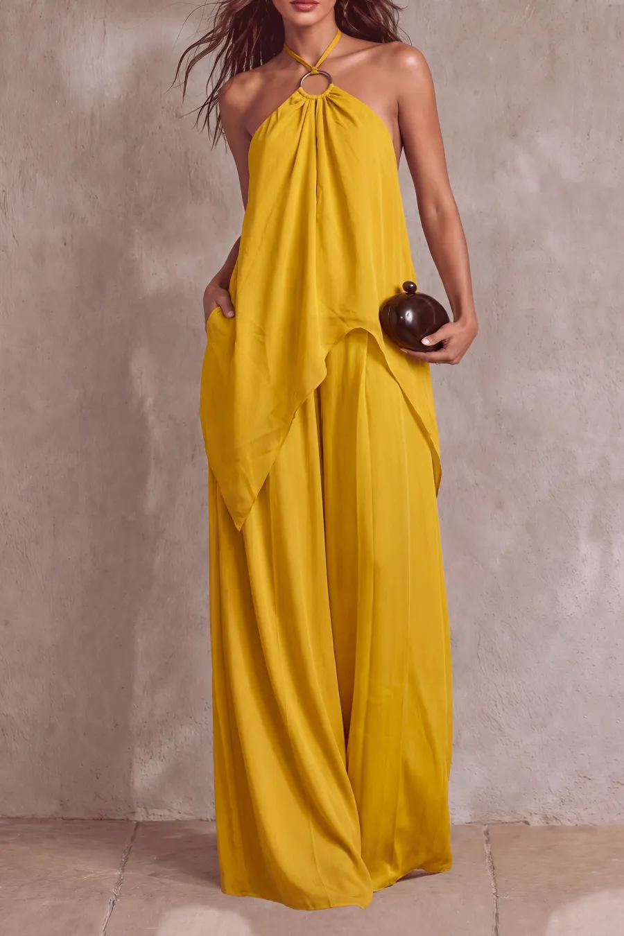 Halter Neck Asymmetrical Matching Pants Set