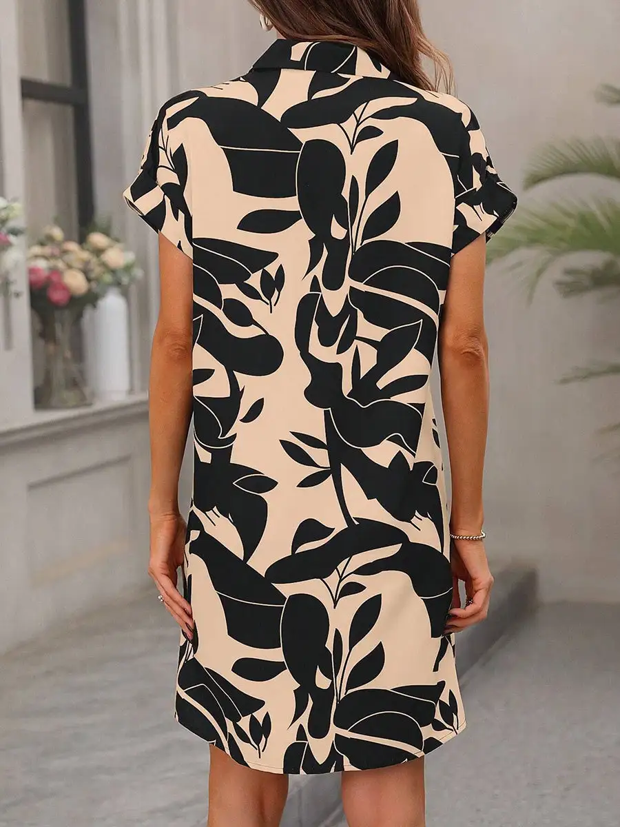 Short Sleeve Buttoned Contrast Color Printed Lapel Mini Dress Shirt Dress