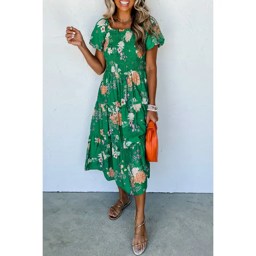 Bubble Bubble Sleeve Smocked Tiered Midi Dress