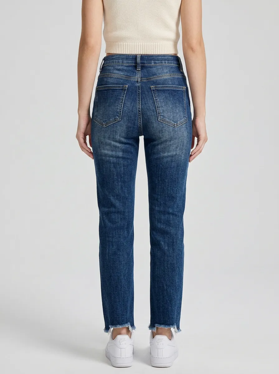 Women's High-Waisted Distressed Raw Hem Denim Jeans
