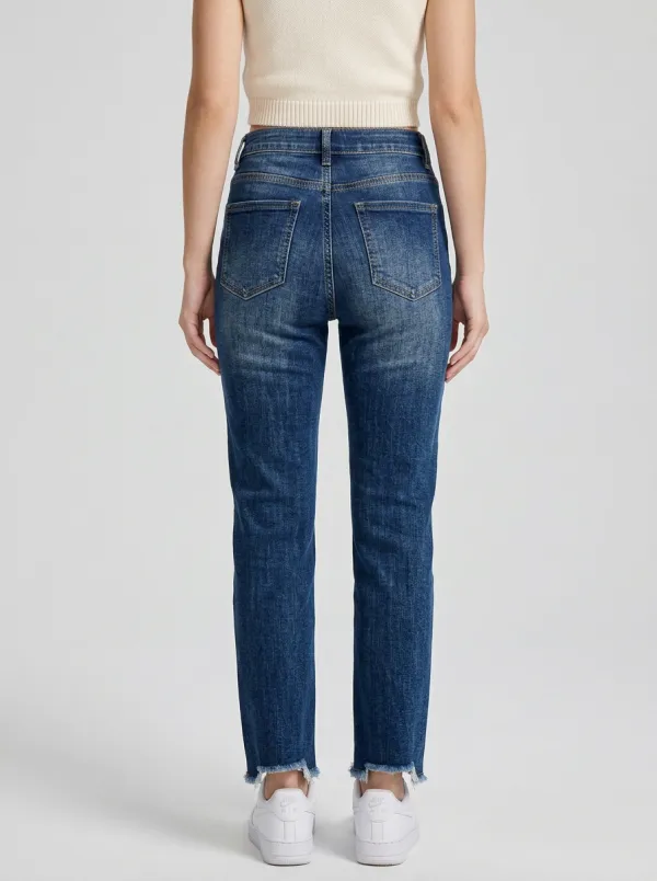 Women's High-Waisted Distressed Raw Hem Denim Jeans