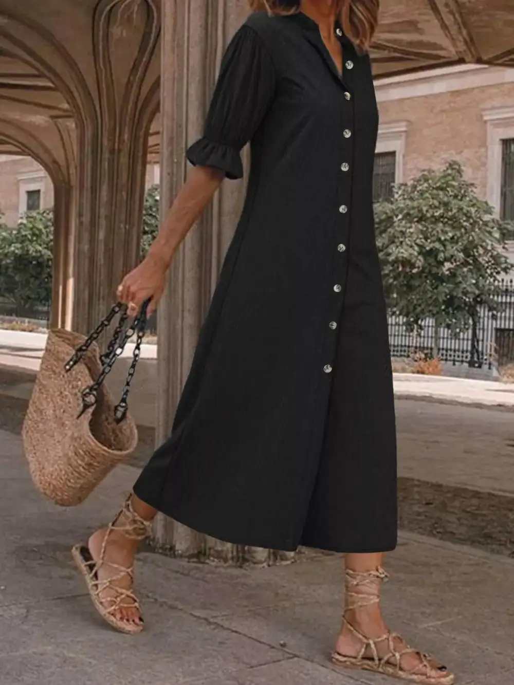 Button Front Puff Sleeve Shirt Dress