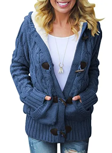 Women Hooded Knit Cardigans Button Cable Sweater Coat