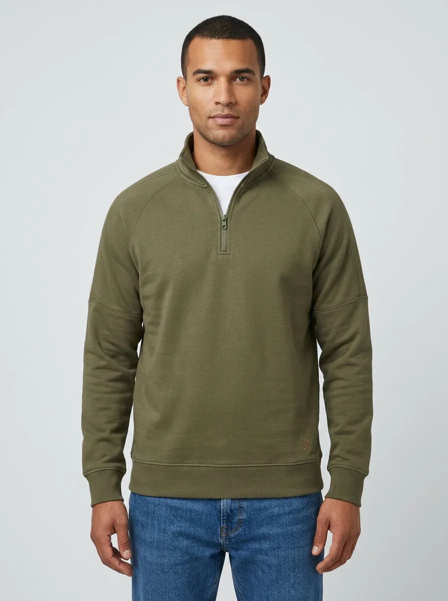 Men's Classic Textured Raglan Embroidered Emblem Stand-Collar Quarter-Zip Sweatshirt