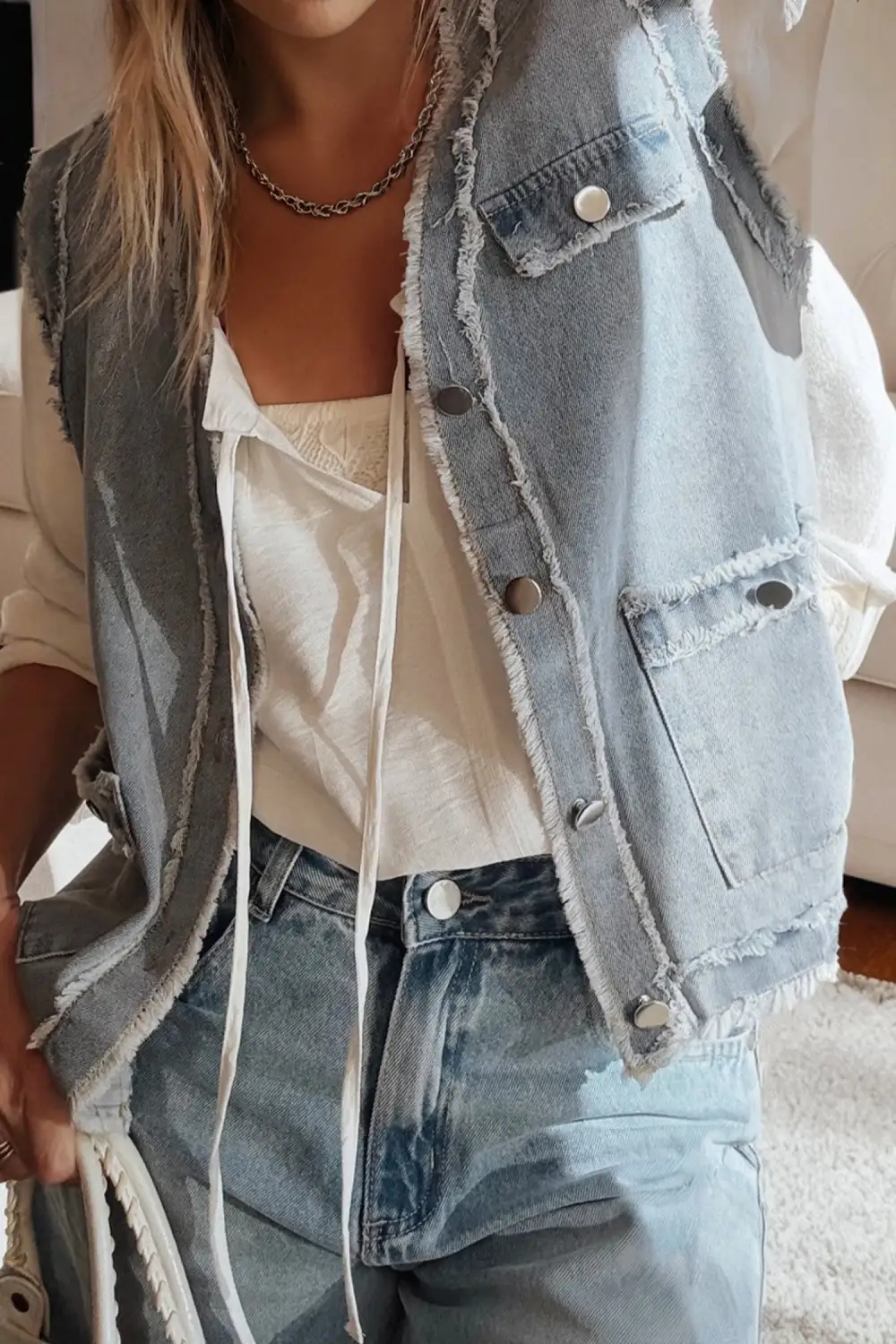 Frayed Edge Flap Pockets Denim Vest