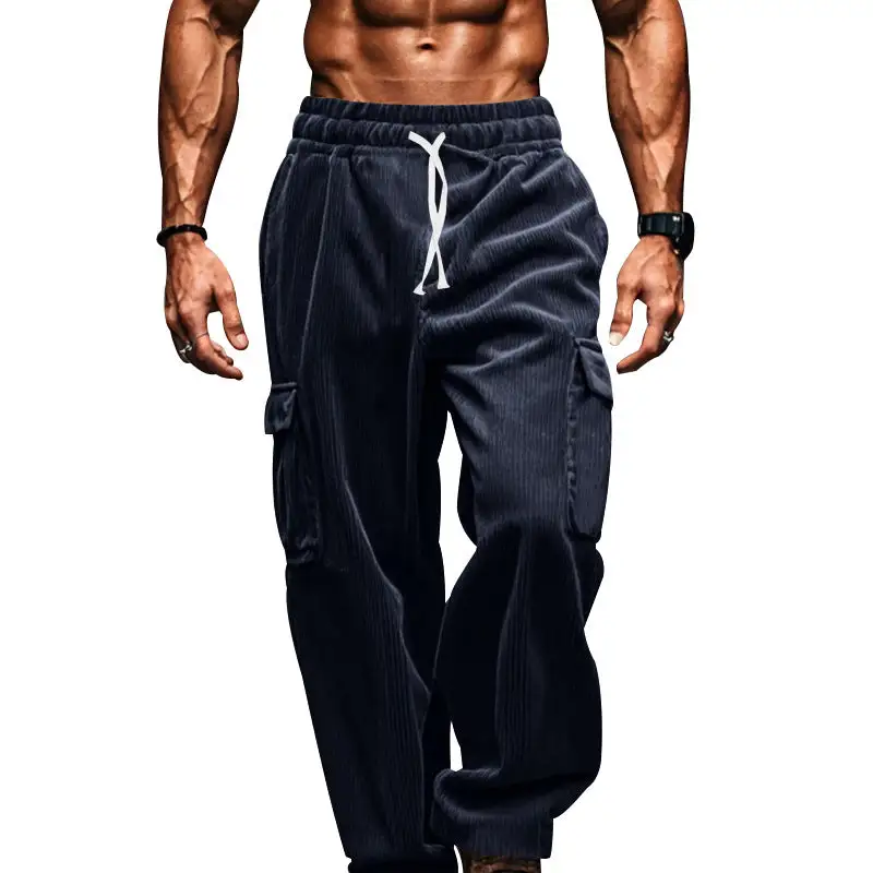 Men's Oversized Corduroy Cargo Pants with Elastic Drawstring Waistband and Multiple Pockets