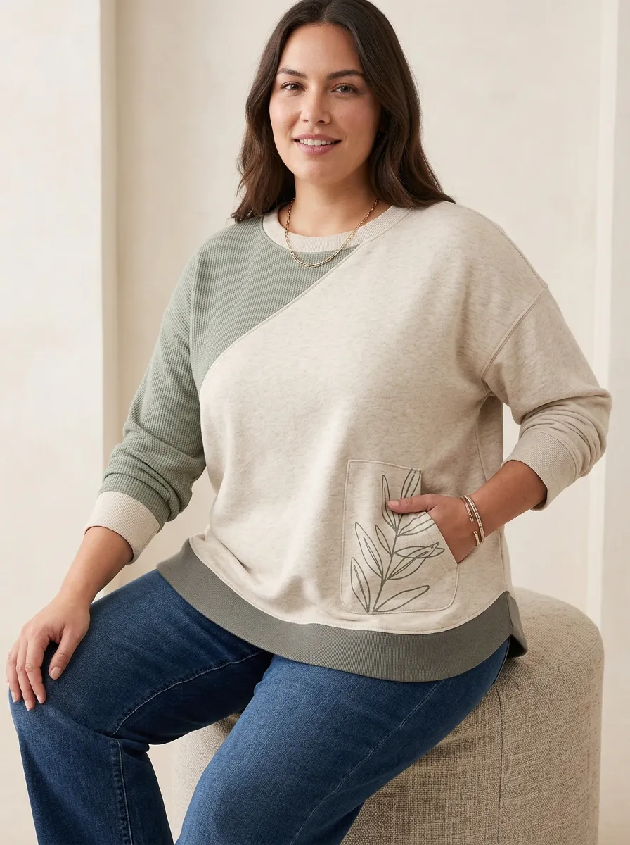 Women's Plus Size Botanical Leaf Pocket Colorblock Printed Sweatshirt