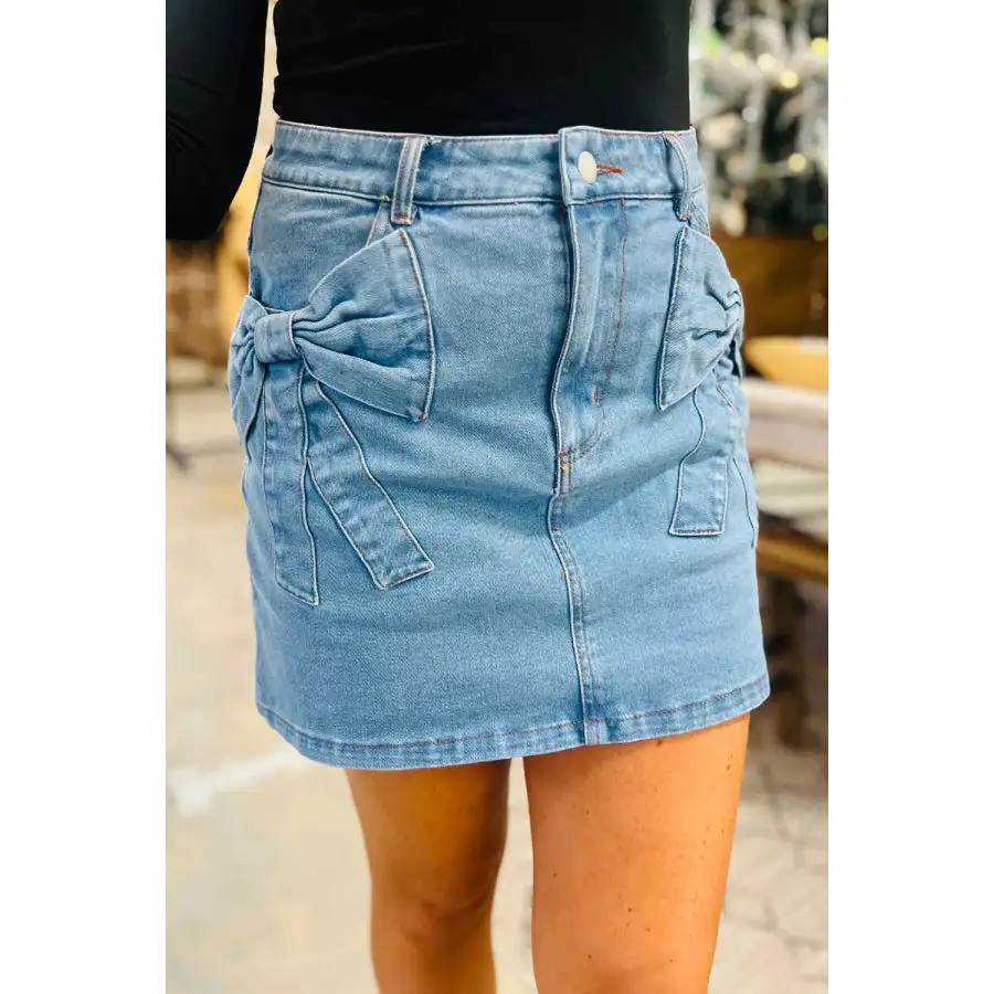 Acid Wash Bowknot Details High Waist Denim Skirt